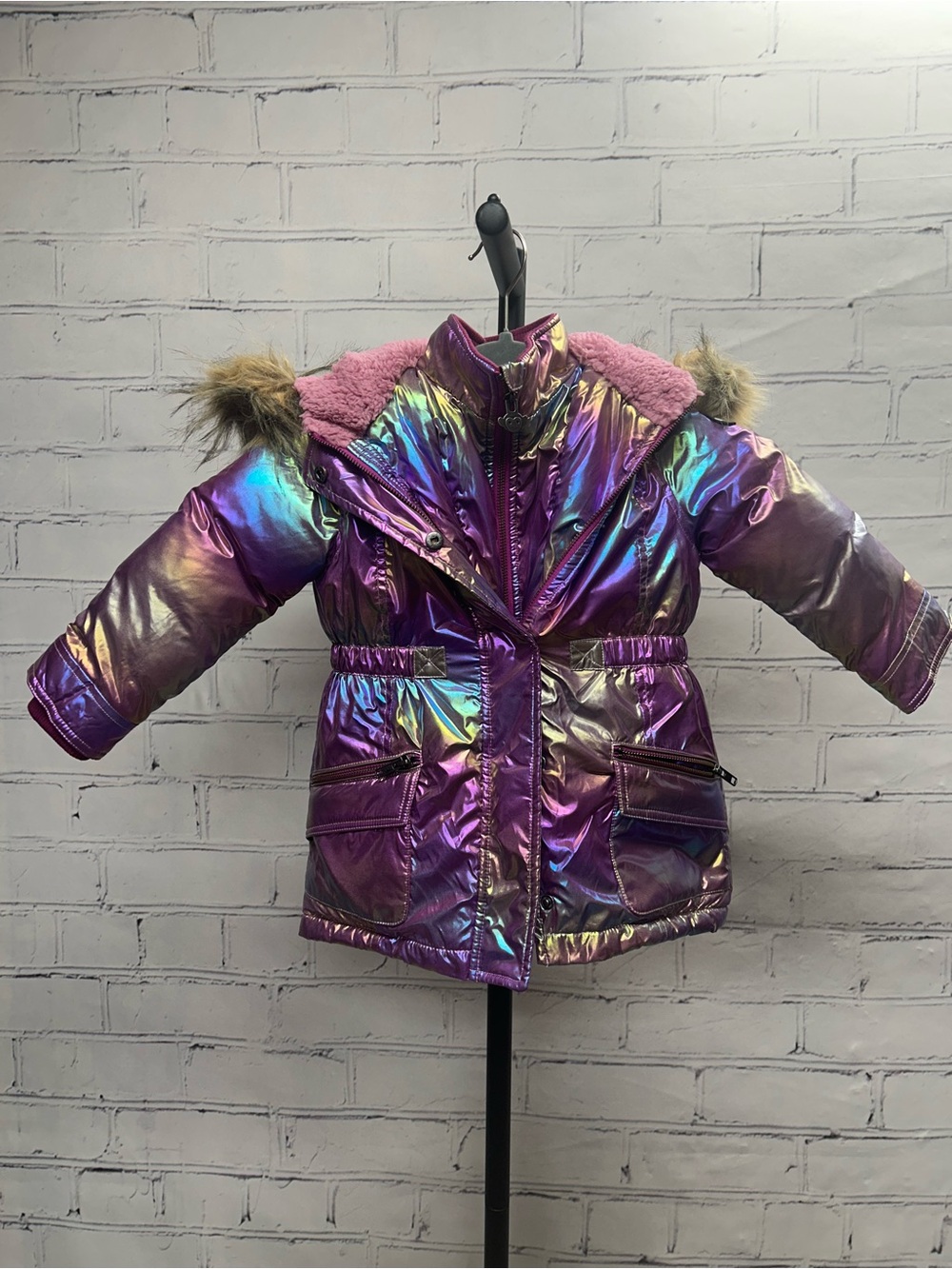 Appaman Iridescent Purple Puffer Coat with Pink Lining and Faux Fur Trim